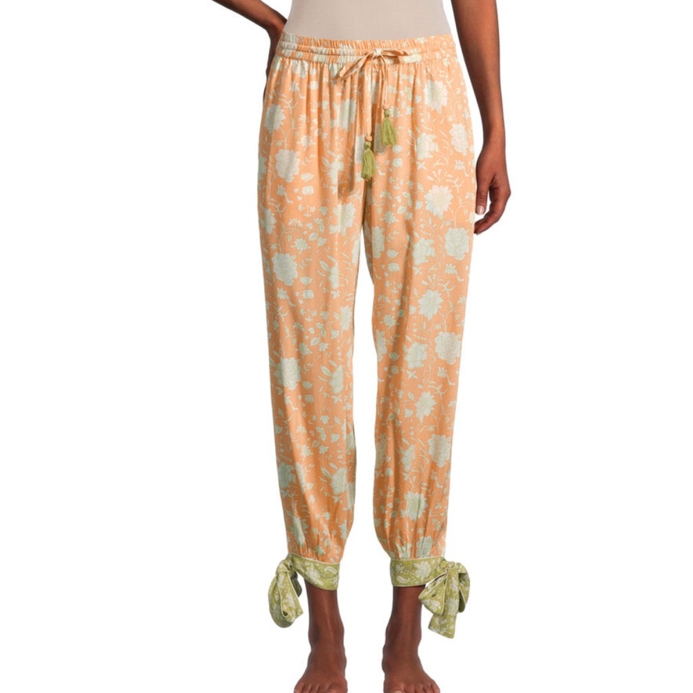 World Market Peach Green Floral Print Pajama Pants Womens Size Small Pull On